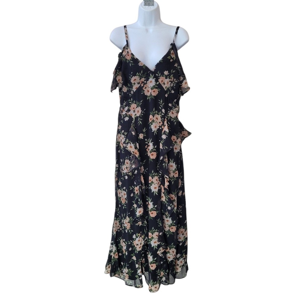 OLD NAVY 12 Black Floral Off The Shoulder Chiffon Ruffle Maxi Dress Women